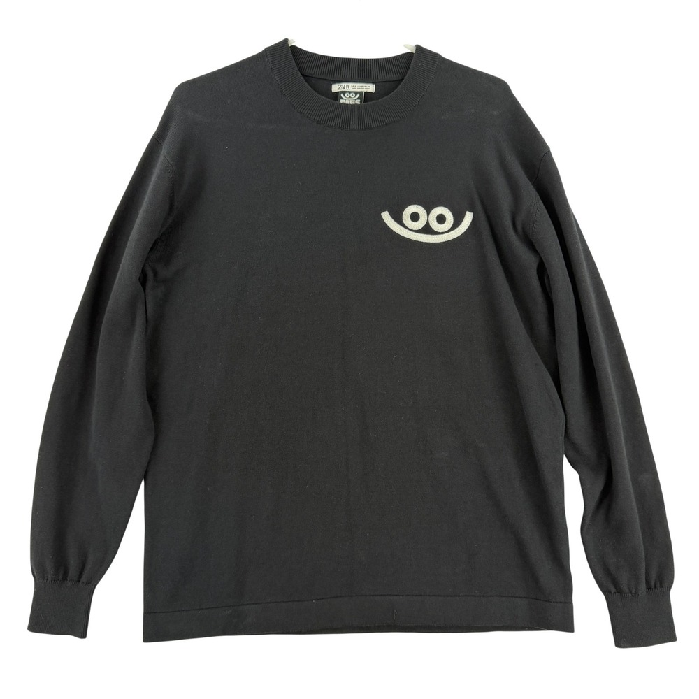 Zara Diaz Faes Sweater Mens Medium Black Cotton Crewneck‎ Smile Pullover